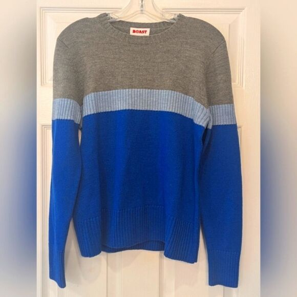 New Boast Women Size M Merino Wool Sweater Gray Blue Red Elbow Patch Crewneck - Picture 2 of 7